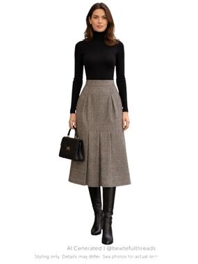 Vintage Wool Blend Midi Skirt High Waist Parisian Academic Chic S